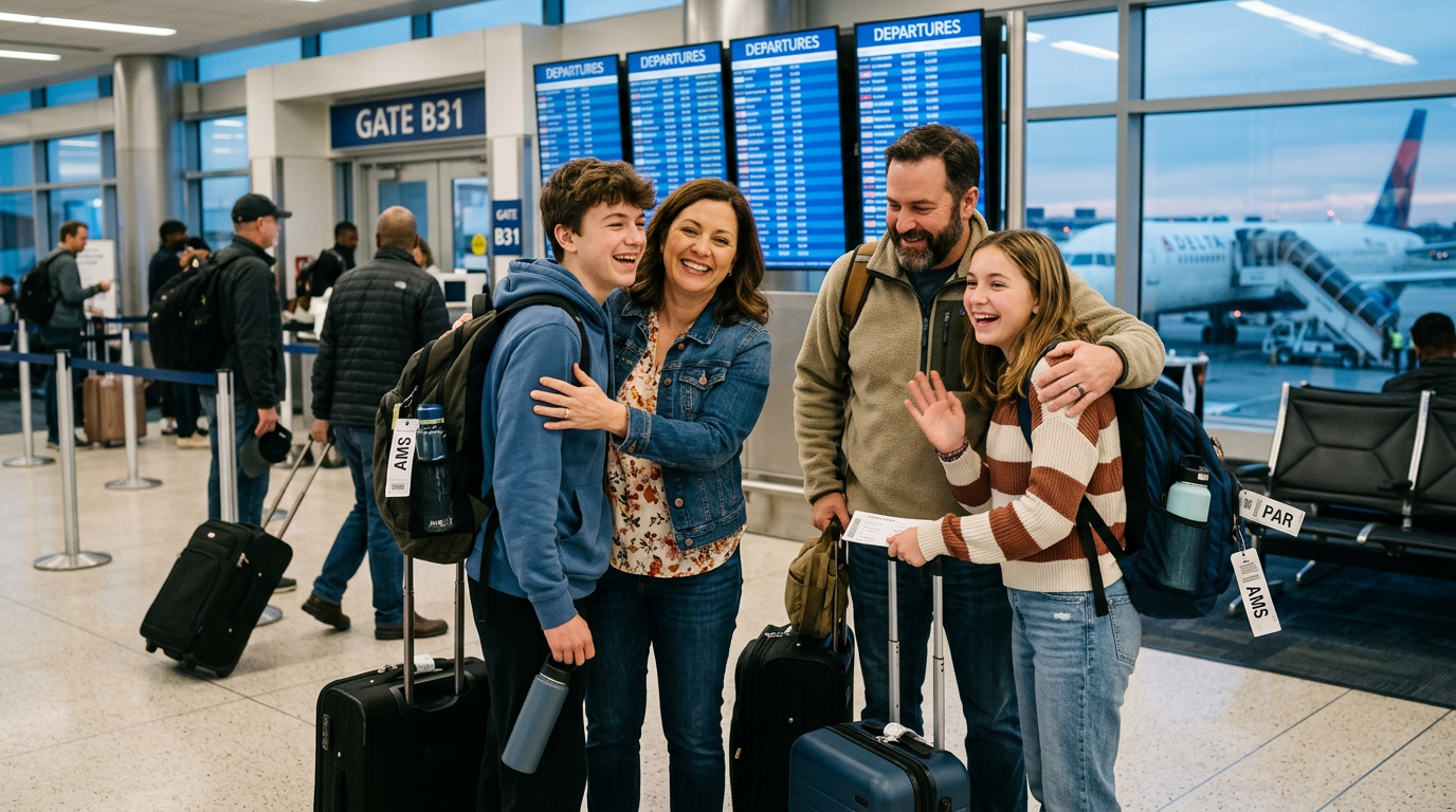 Familia despidiendo a adolescentes en el aeropuerto
